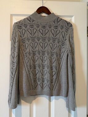 LOFT Gray Open-Knit Mock Neck Sweater